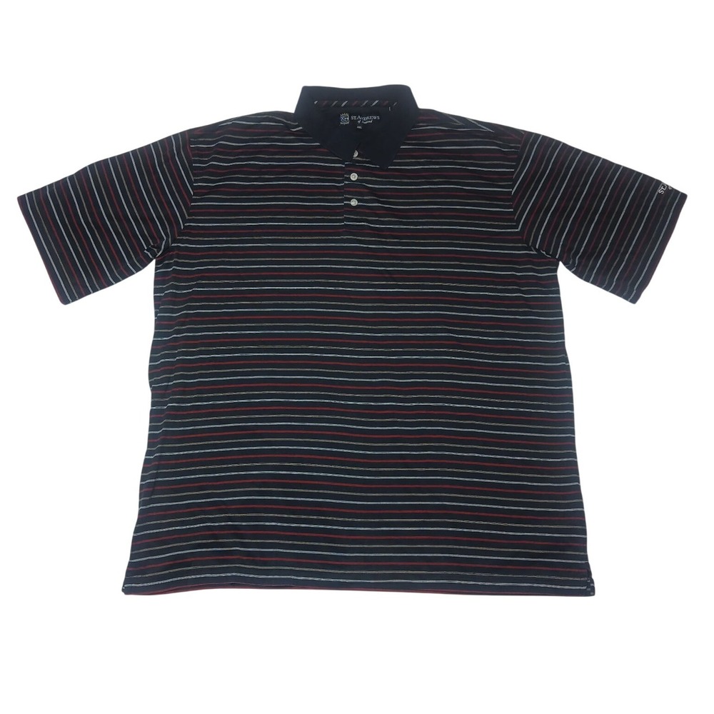 St. Andrews of Scotland Polo Mens XXL Black Red Striped Short Sleeve Golf Shirt